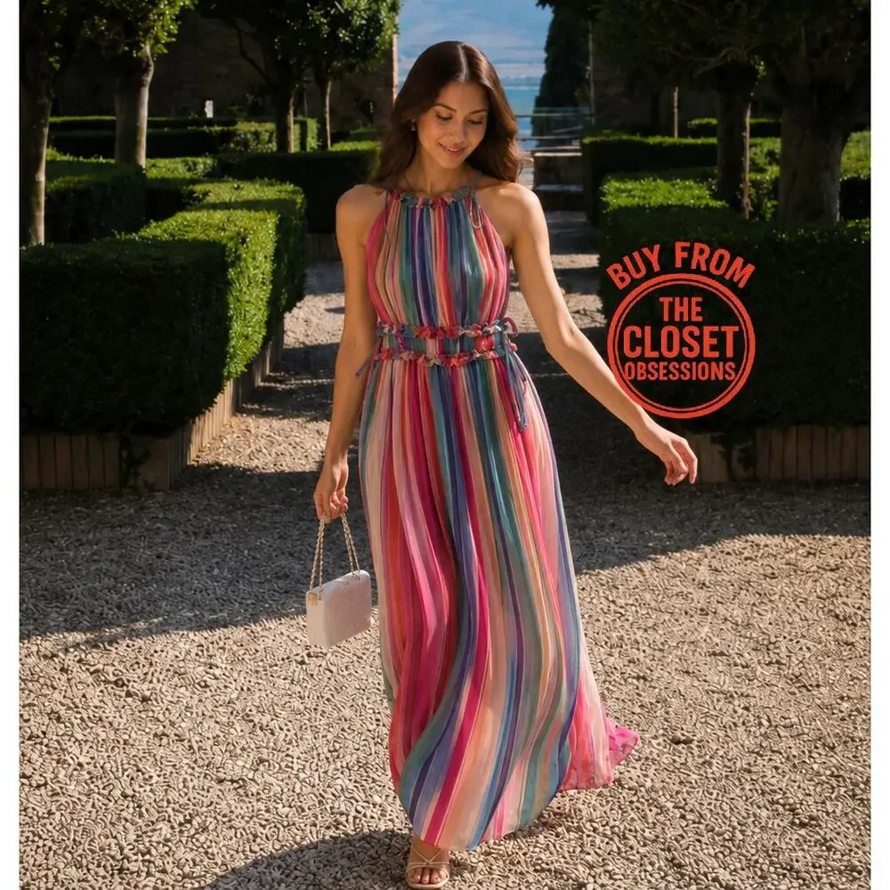 MANGO Stripe Halter Maxi Dress Resort Vacation Cruise Dress NWT Size 4 6